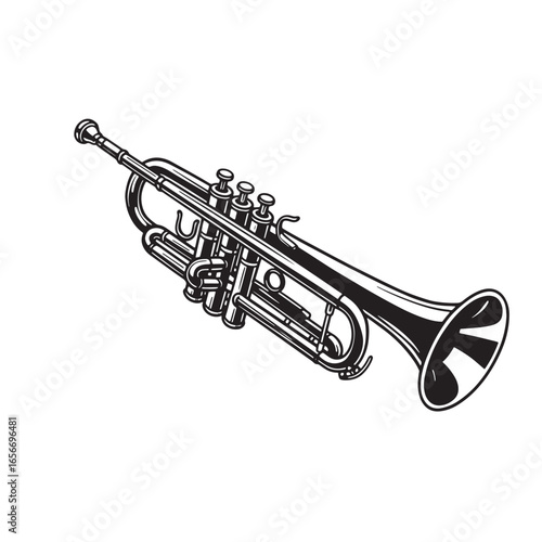 Detailed black and white illustration of a trumpet musical instrument on white background