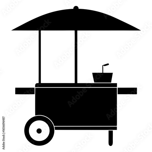 Black silhouette street food cart with umbrella and drink