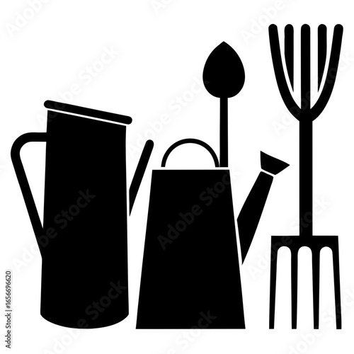 Black silhouettes watering can rake trowel garden tools