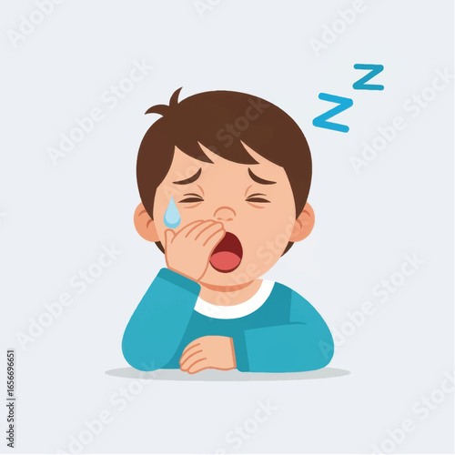 A young boy yawning and feeling sleepy while sitting at a table, with cartoonish z's floating above