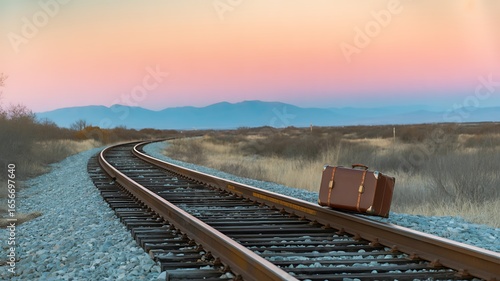 A vintage suitcase sits alone on curving railway tracks at sunset. A symbolic concept of travel, life's journey, loneliness, leaving home, and embracing new beginnings.

