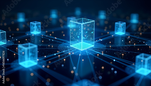 Blockchain Technology Concept: Futuristic Network of Interconnected Glowing Cubes, Digital Data Transfer, Modern Tech Illustration