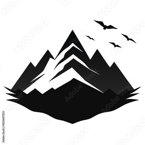Layered mountain peaks with soaring birds silhouette