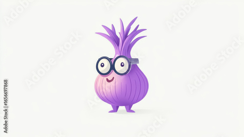 Happy purple onion cartoon character wearing glasses, standing upright. Cute smiling vegetable for kids' health and nutrition.