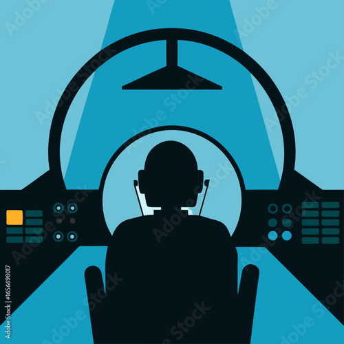 Pilot in cockpit with control panel dashboard buttons