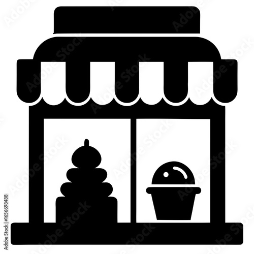 Storefront display with stacked rings and potted plant