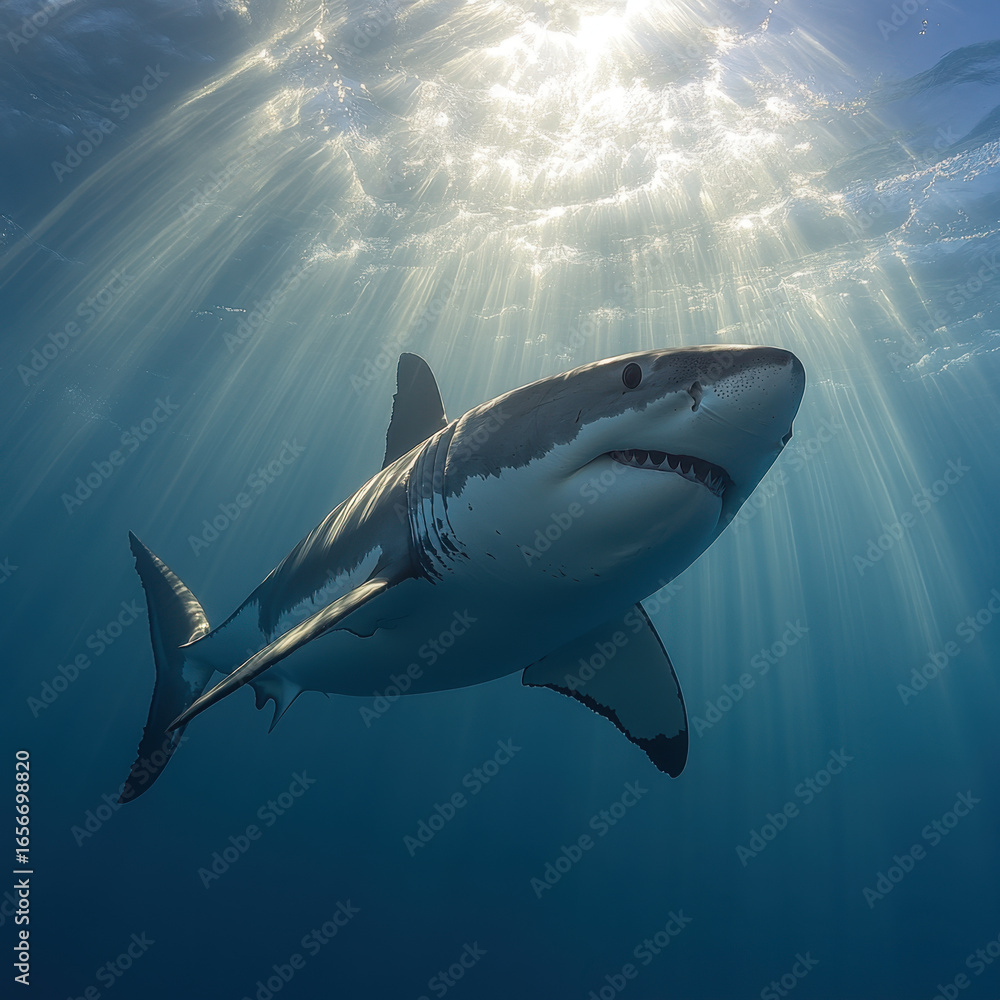 Obraz premium Great white shark swimming in ocean depths.