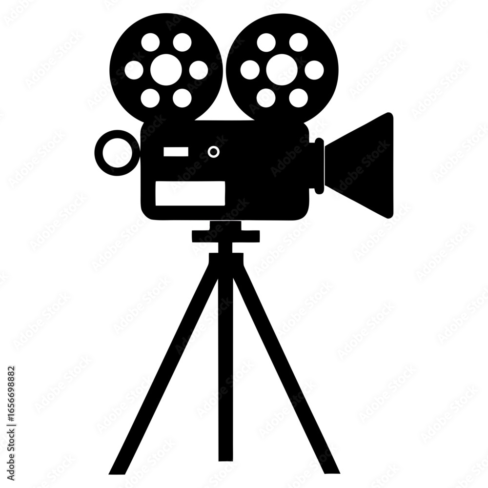 Obraz premium Vintage film projector on tripod movie camera black silhouette