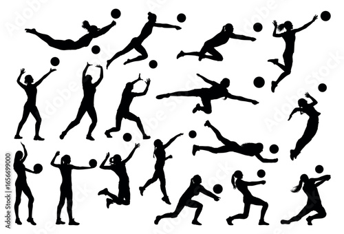 Set of Silhouette Illustrations of Female Volleyball Players - Sports Action Vector Collection