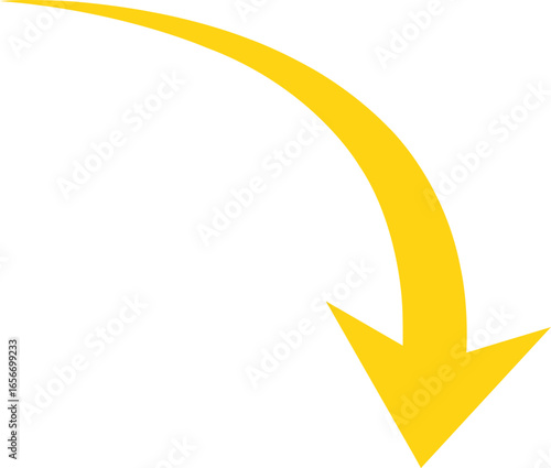 Curved downward arrow pointing the way in a bright yellow tone on white.