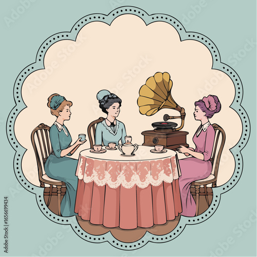 Genteel vector illustration of a 1910s parlor tea party with lace tablecloth and gramophone in a scalloped mint frame for vintage lifestyle and editorial stock 