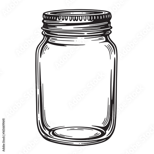 Hand drawn illustration of a classic empty mason jar perfect for food storage.