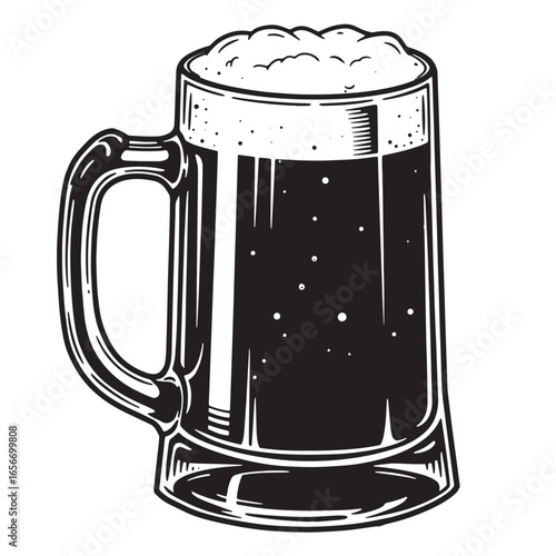 Hand drawn illustration of a full beer mug with frothy foam for pub and brewery designs.