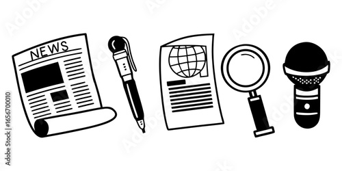 Illustration of journalism tools including newspaper pen microphone and magnifying glass concept design stock photo on transparent background