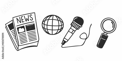 News and journalism concept illustration with newspaper globe microphone and magnifying glass vector design stock photo on transparent background