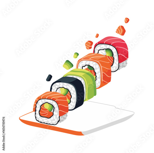 Exploded Sushi Rolls Vector Illustration. Fresh Sushi with different stuffing - perfect for menu illustration. Delicious Sushi with yummy filling
