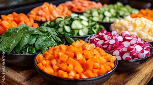 Colorful chopped vegetables in dark bowls