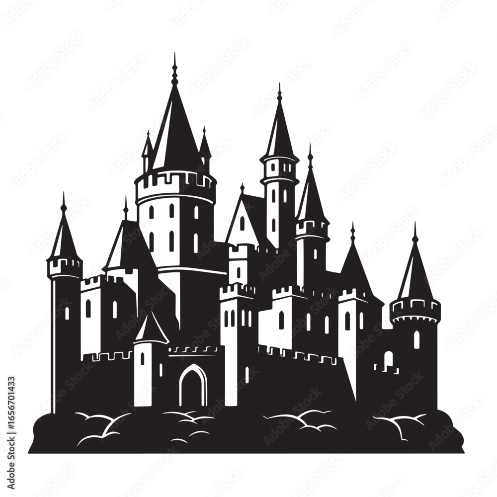 Fototapeta premium Majestic silhouette illustration of a detailed black and white medieval castle design