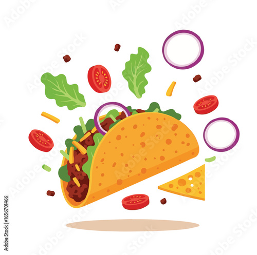 Exploded Taco Vector Illustration. Delicious Taco with different stuffing - perfect for menu illustration. Yummy Taco with minced meat and fresh vegetables