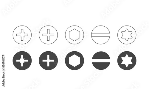 Screw Head Icons in Solid and Outline Styles. Vector illustration of various screw including cross, hex, slot, and star