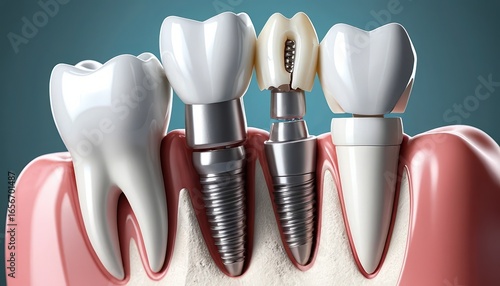 A dental model showing teeth and implants with one implant having a broken crown on a blue background