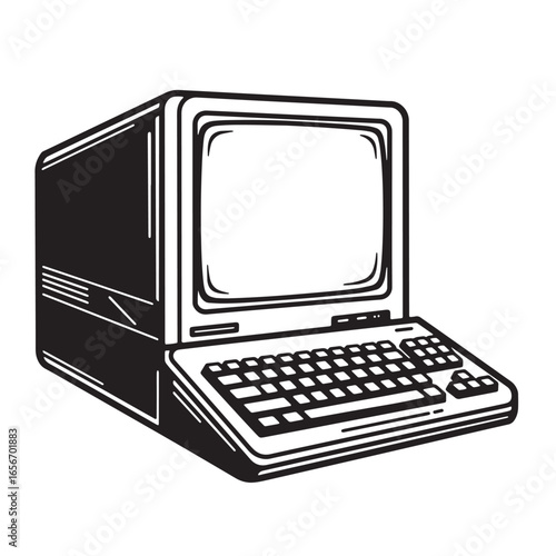 Retro style illustration depicting a vintage personal computer complete with keyboard and monitor