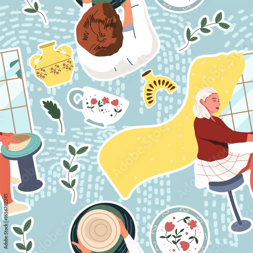 Pottery seamless pattern. Modern vases, people characters, plates, ceramic clay. Handmade, DIY, hobby, handcraft workshop. hand drawn style vector surface for textile, paper, web page background.