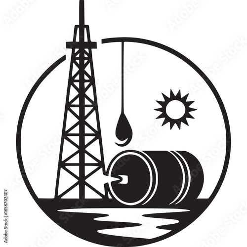 Vector art of oil derrick and barrel icon, representing petroleum industry and energy extraction