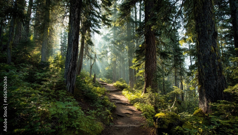 Obraz premium Sunlight streams through a lush forest trail