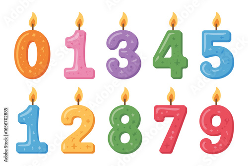 Colorful birthday candles shaped like numbers with flames