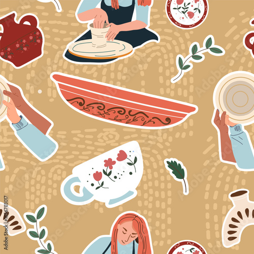 Pottery seamless pattern. Modern vases, people characters, plates, ceramic clay. Handmade, DIY, hobby, handcraft workshop. hand drawn style vector surface for textile, paper, web page background.
