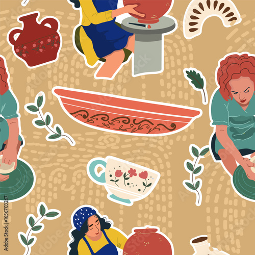 Pottery seamless pattern. Modern vases, people characters, plates, ceramic clay. Handmade, DIY, hobby, handcraft workshop. hand drawn style vector surface for textile, paper, web page background.