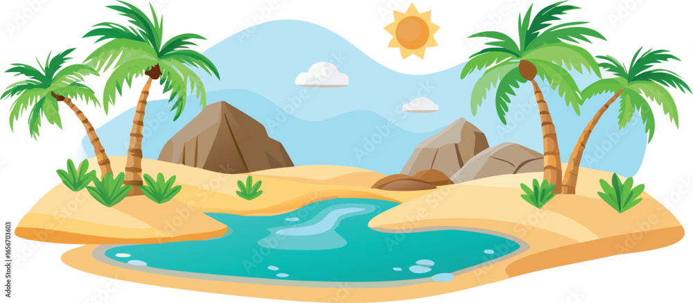 Obraz premium Tropical landscape featuring palm trees alongside a flowing river in a vibrant vector illustration.