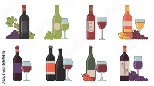 Assortment of wine bottles and glasses with grapes