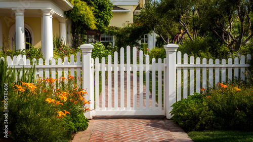 A white picket fence and gate lead to a charming suburban home