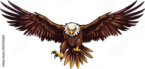 An eagle with its wings fully spread, showcasing its feathers against a plain white background.