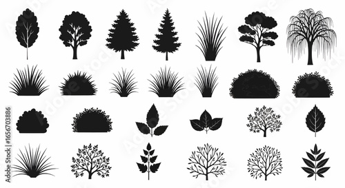 Black silhouette icons of diverse trees, shrubs, and ornamental plants for landscape design, environment projects, and natural botanical illustrations