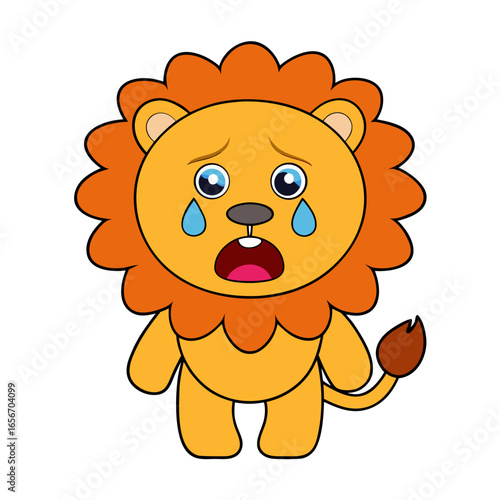 A sad lion with tears streaming down its face depicted as a graphic illustration on a clean white background