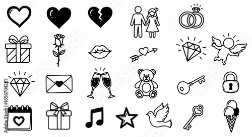 Collection of black outline icons representing love, romance, family, relationship, and communication in minimal modern style for design and web usage