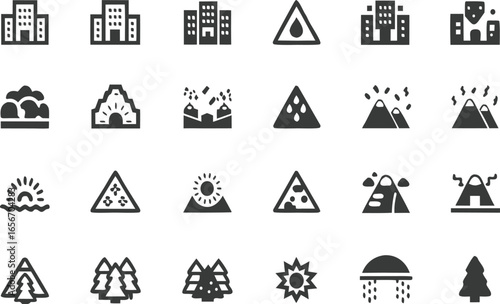 Natural disaster and weather hazard icons set | floods, landslides, storms, rainfall, heatwave, volcano, and environmental safety symbols