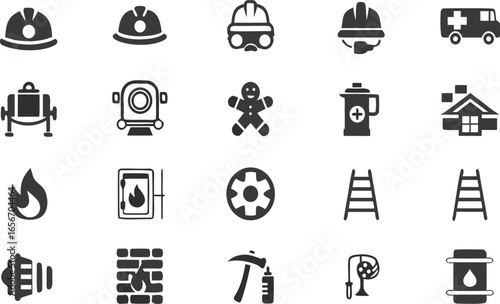 Firefighting and emergency safety icons set | helmets, ladders, extinguishers, alarms, rescue tools, hazard and protection symbols
