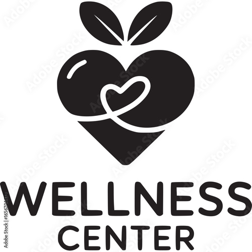 Vector art of modern wellness center logo design featuring a heart with leaves
