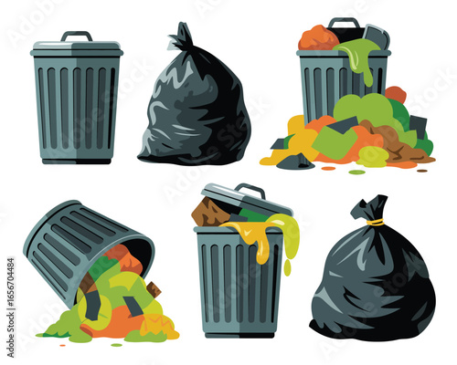 Overflowing trash cans and garbage bags full of messy waste