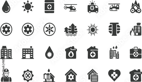 Emergency disaster relief icons set with helicopter, ambulance, hospital, rescue gear, water drop, heart, house, sun, medicine and safety symbols
