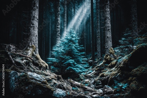 Mystical forest path with turquoise tree
