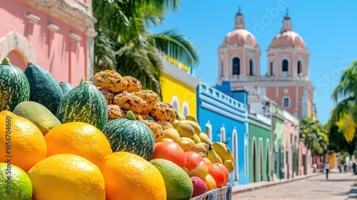 Colorful fruit stall in front of vibrant colonial buildings