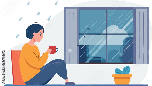 A woman sits on a window sill, holding a cup of coffee, gazing outside with a serene expression.
