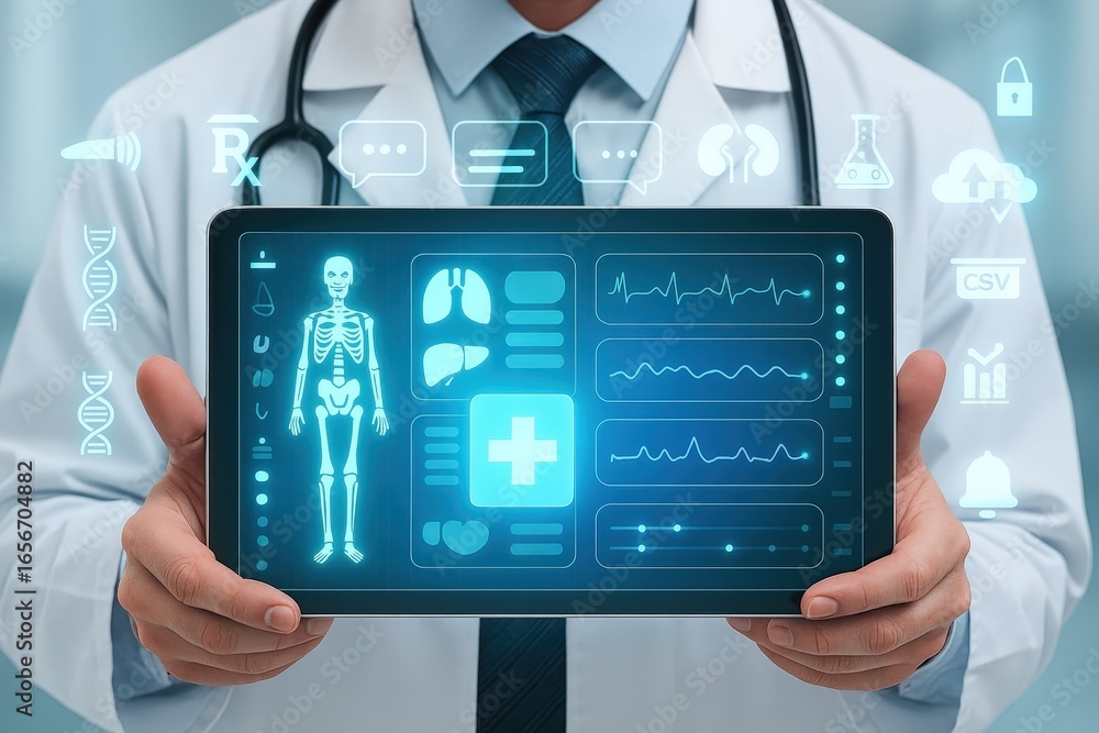 A doctor displays a digital medical tablet with anatomical charts, vital signs, and medical indicators, highlighting modern healthcare technology. A doctor displays a digital medical tablet with anatomical charts, vital signs, and medical indicators, highlighting modern healthcare technology.