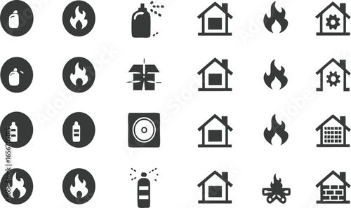 Fire Safety Icons Set | Fire Extinguisher, Flames, House Fire, Emergency, Alarm, Protection, Burn Hazard, Rescue, Firefighter Symbols