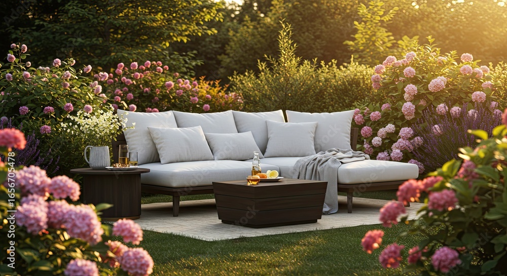 Fototapeta premium Serene garden oasis beckons with plush outdoor sofa, blooming hydrangeas, and golden hour sunlight creating a tranquil escape for relaxation and entertaining
